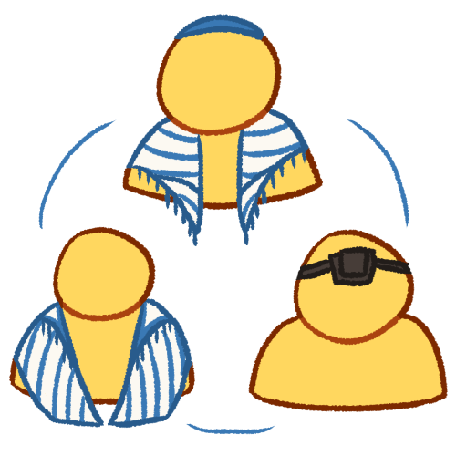  a drawing of three featureless yellow busts, arranged in a somewhat triangular shape with blue lines between them. the person at the top wears tallit and a blue kippah, the person on the left wears tallit, and the person on the right wears tefillin. 